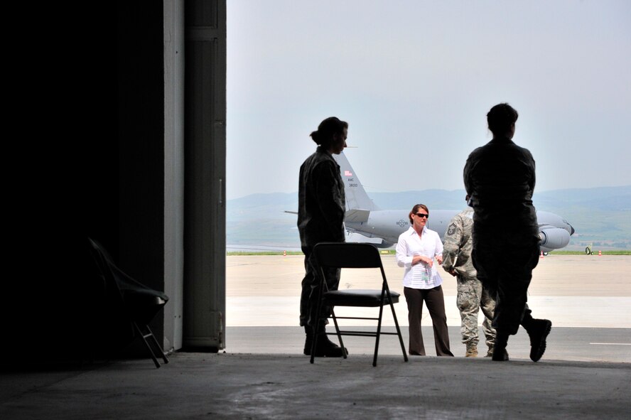 Airmen from the 621st Contingency Response Wing and 927th Air Refueling Squadron conduct airfield operations at Burgas Airport, Bulgaria, on May 15, 2011.  KC-135 Stratotankers and supporting personnel are scheduled to operate from the airport through the end of May.  The aircraft are temporarily deployed here from another base in the region that is currently closed for routine runway repairs.  (U.S. Air Force Photo/Master Sgt. Laura K. Deckman)
