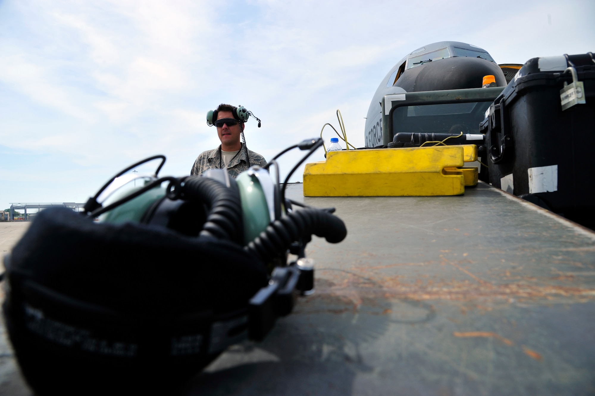 Tech. Sgt. Richard Lamoureaux, 927th Air Refueling Squadron communication and navigation specialist prepares a KC-135 Stratotanker for flight at Burgas Airport, Bulgaria May 15.  Four KC-135s and approximately 80 personnel are scheduled to operate from the airport through the end of May.  The aircraft are temporarily deployed here from another base in the region that is currently closed for routine runway repairs.  (U.S. Air Force photo by Master Sgt. Laura K. Deckman/released)