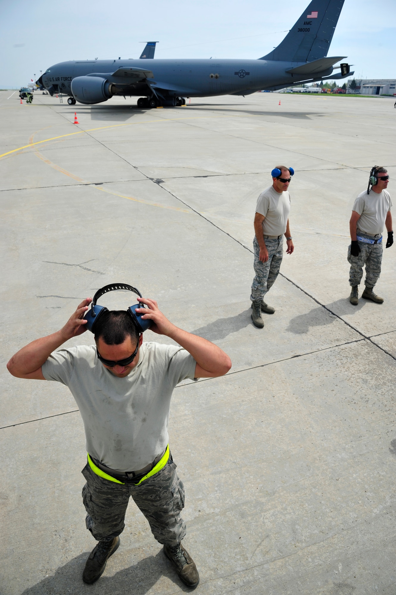 Airmen from the 927th Air Refueling Squadron prepare KC-135 Stratotaker’s for flight at Burgas Airport, Bulgaria May 15.  Four KC-135s and approximately 80 personnel are scheduled to operate from the airport through the end of May.  The aircraft are temporarily deployed here from another base in the region that is currently closed for routine runway repairs.  (U.S. Air Force photo by Master Sgt. Laura K. Deckman/released)