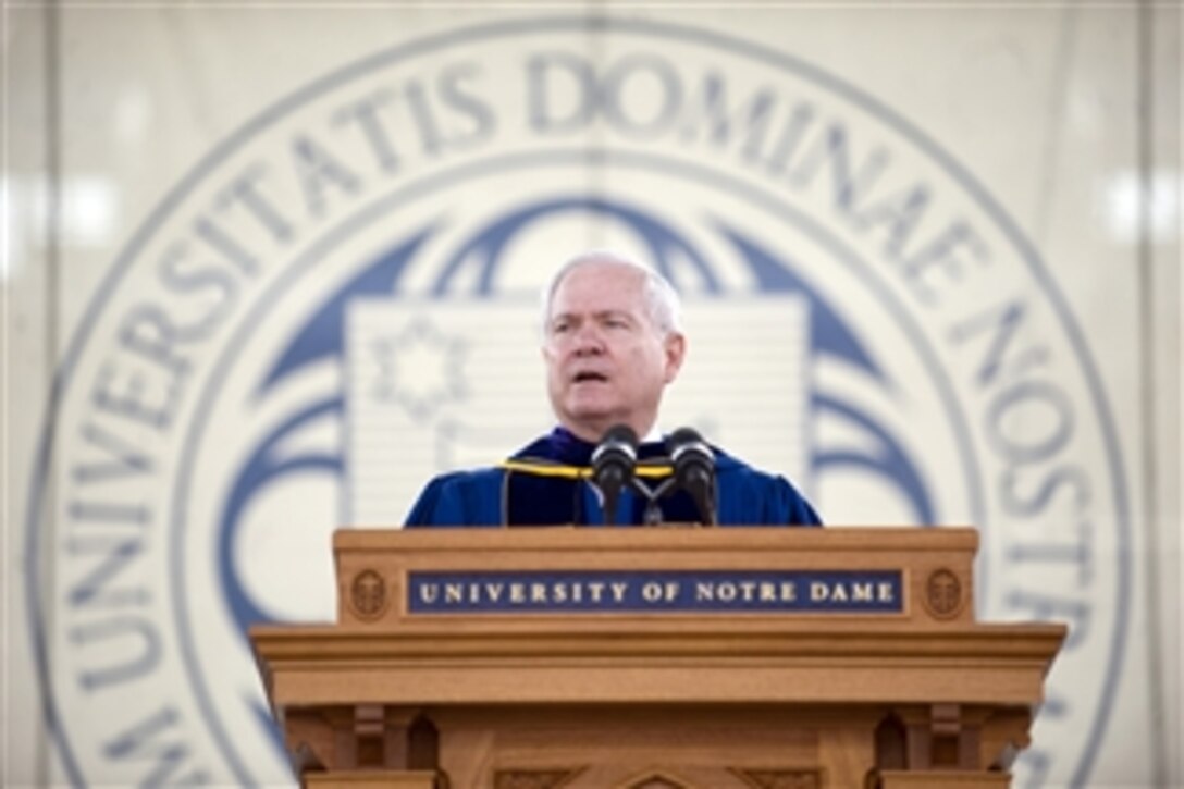 Secretary of Defense Robert M. Gates speaks during the University of Notre Dame commencement ceremony in South Bend, Ind., on May 22, 2011.  