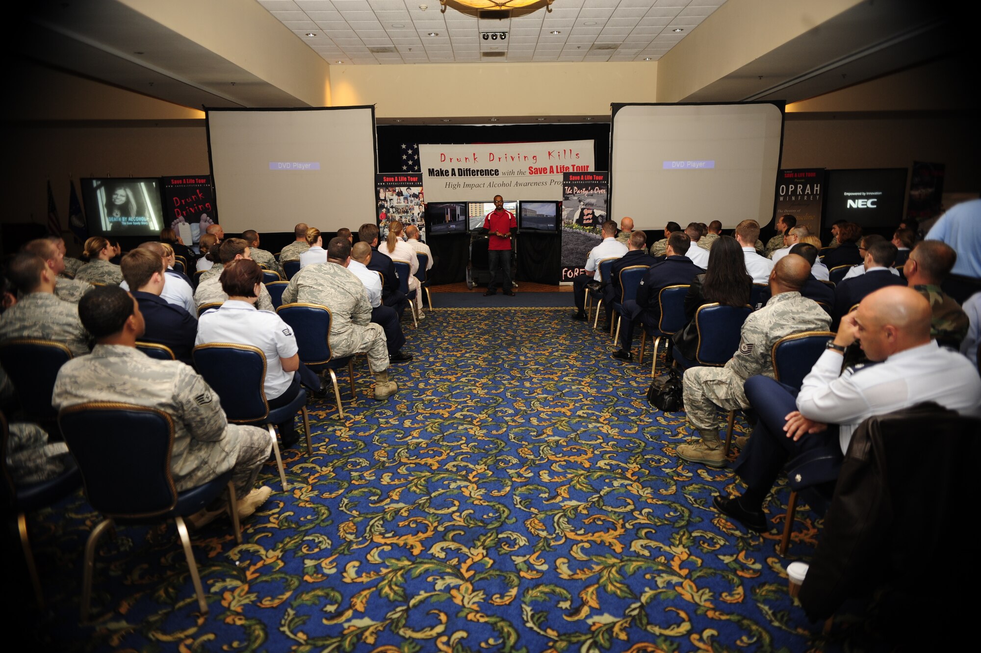 VANDENBERG AIR FORCE BASE, Calif. -- Jeremiah Newson, the Save-A-Life Tour manager, briefs Team V members during the Save-A-Life Tour at the Pacific Coast Club here Monday, May 23, 2011.  The briefing showed base members the importance of not drinking alcohol and driving.  (U.S. Air Force photo/Staff Sgt. Andrew Satran) 

 