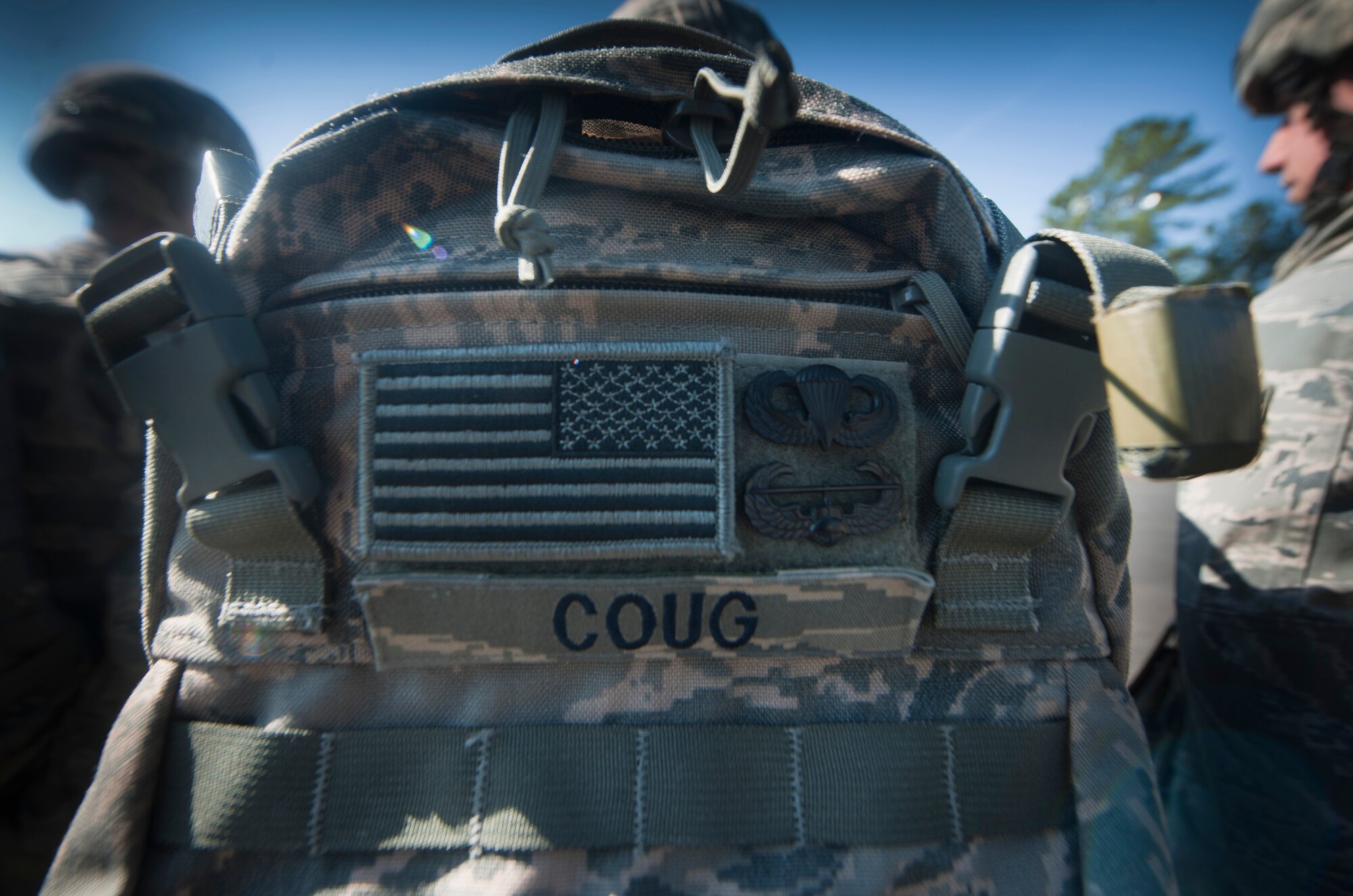 MOODY AIR FORCE BASE, Ga.-- An American flag, Parachutist badge and a Air Assault badge display an Airman’s qualifications during a repelling demonstration and base visit May 19. Lt. Col. John Chianese, 105th Security Forces Squadron commander visited Moody to strengthen the partnership between the 820th Base Defense Group and 105th SFS, stationed in Stewart Air National Guard Base, N.Y. (U.S. Air Force photo/Airman 1st Class Joshua Green)(RELEASED)    
   
     
