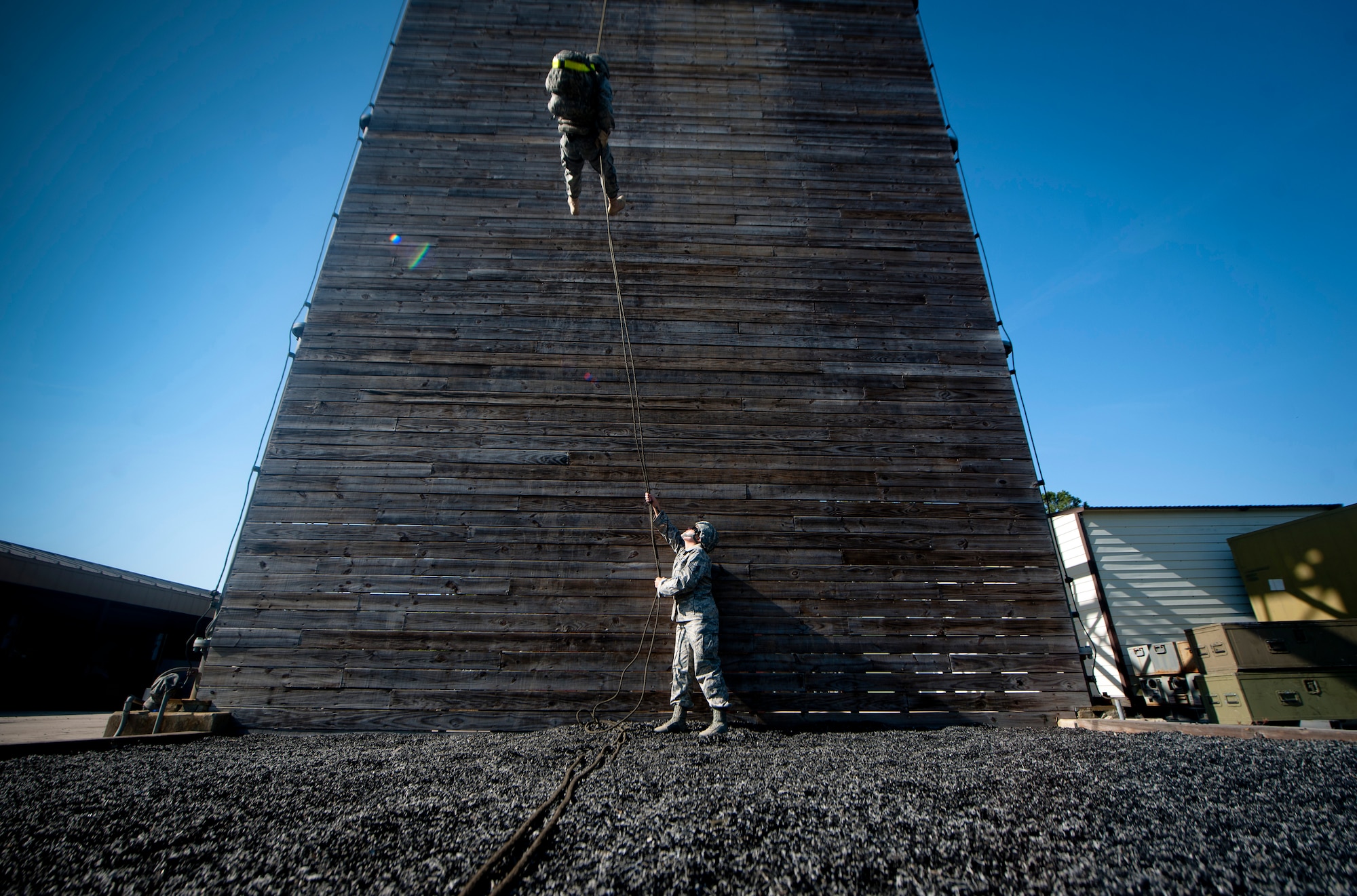 MOODY AIR FORCE BASE, Ga.-- Staff Sgt. Elizabeth Rosato, 820th Combat Operations Squadron Non-commissioned officer of training, holds a repel rope during demonstration and base visit May 19. Lt. Col. John Chianese, 105th Security Forces Squadron commander visited Moody to get firsthand look at the training and abilities of the 820th Base Defense Group. (U.S. Air Force photo/Airman 1st Class Joshua Green)(RELEASED)                   

