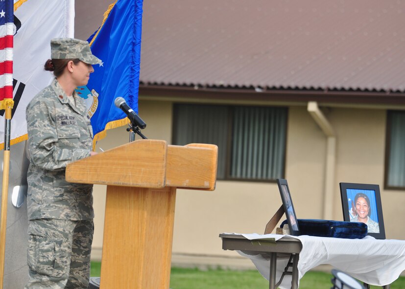 Maj. Traci Wallace, AFOSI 5th Field Investigations Squadron, was the narrator of the ceremonial retreat held at Osan Air Base May 19, to honor Master Sgt. Tara Brown from OSI and Senior Airman Nicholas Alden from security forces. Osan members recently celebrated National Police Week with a weapons and vehicle display and free fingerprinting at the base exchange; a 5k fun-run; and the ceremonial retiring of two Airmen who were killed in the line of duty. (U.S. Air Force photo by Staff Sgt. Chad Thompson)