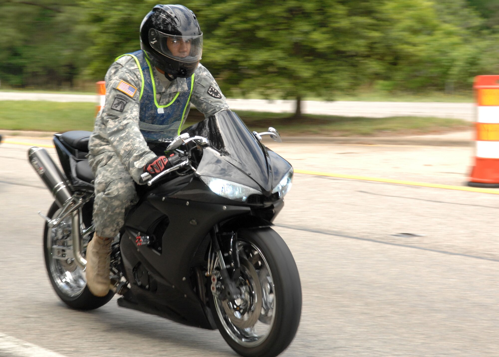 A Ft. Eustis Soldier participates in the 2011 Ride for Life motorcycle event at Fort Eustis, Va., April 20, 2011. Ride for Life supports the Wounded Warrior Program, which helps further studies and the diagnosis of Post Traumatic Stress Disorder for members of the Armed Forces returning from combat, and the American Foundation for Suicide Prevention. (U.S. Air Force photo by Staff Sgt. Jeff Nevison) (Released)