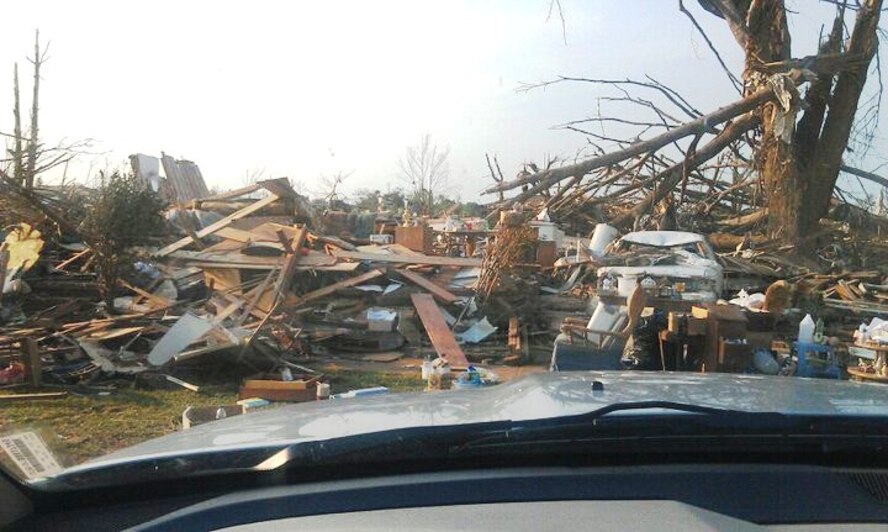 This is the view from Artious Walker’s truck of all that is left of one person’s home in northern Alabama. Walker, a co-op engineering student who works part-time at AEDC while pursuing his graduate degree, was one of several people at AEDC who volunteered to help after tornadoes devastated parts of the mid-South. (Photo provided)