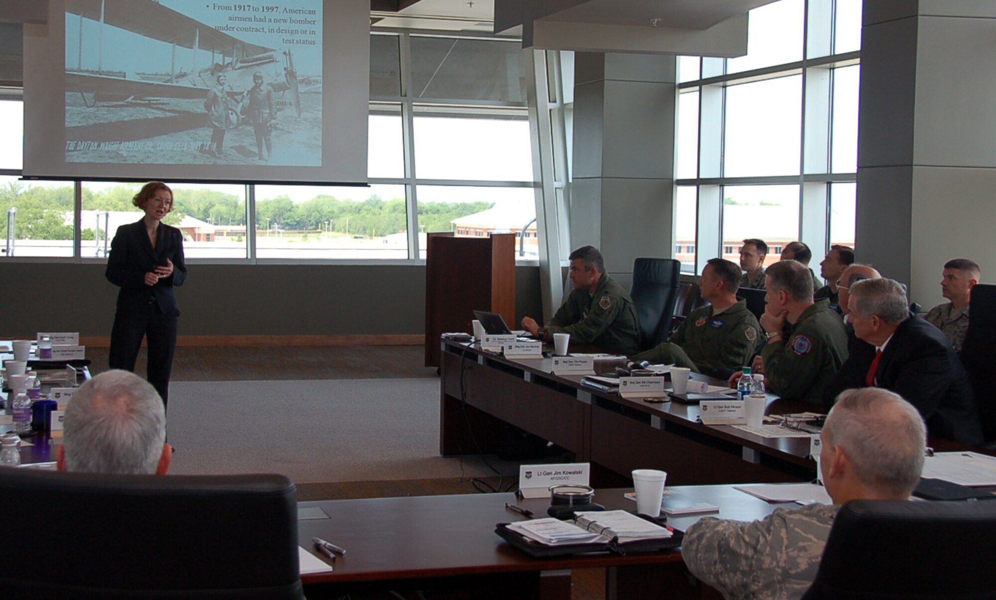 BOSSIER CITY, La. - Dr. Rebecca Grant, director of the General William Mitchell Institute for Airpower Studies, speaks to the Bomber Advisory Group at the Eighth Air Force headquarters at the Cyber Innovation Center in Bossier City, La., May 5. The Bomber Advisory Group consisted of more than 30 of the nation’s top active duty and retired military and civilian experts on strategic air power and gathered to discuss the need for a new long-range strike bomber. (U.S. Air Force photo by Staff Sgt. Brian Stives)