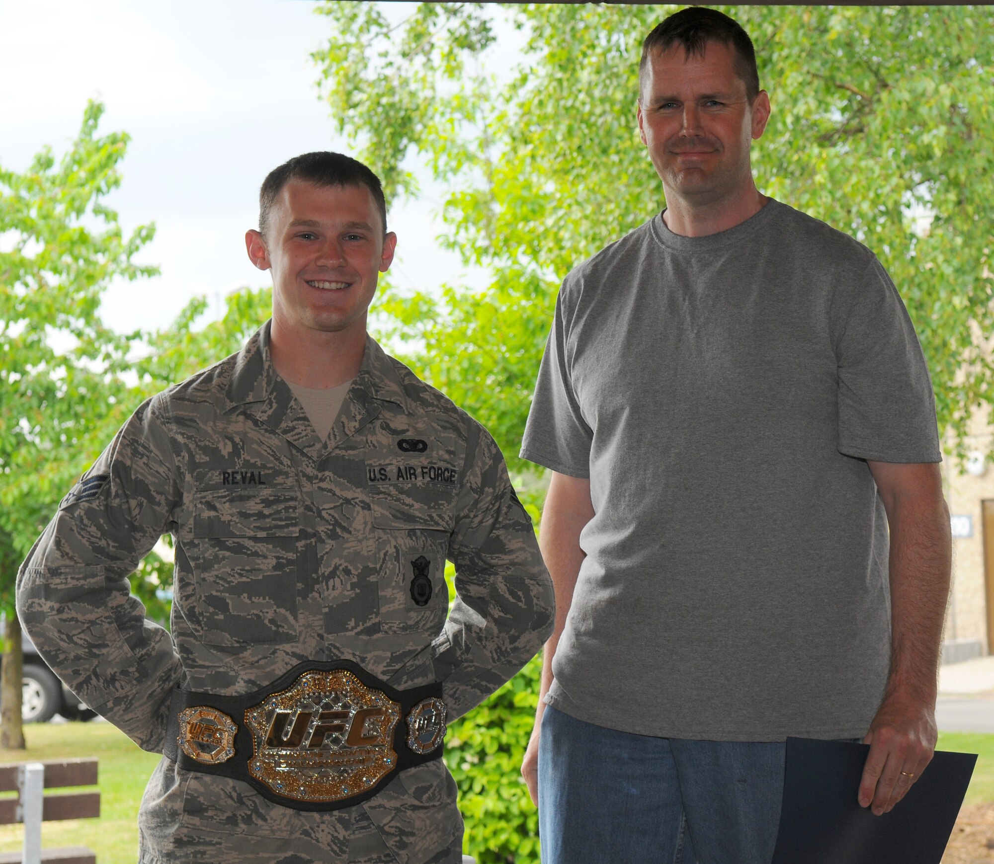 SPANGDAHLEM AIR BASE, Germany – Senior Airman Sean Reval, 52nd Security Forces Squadron, receives the Ultimate Warrior Award based on sportsmanship and excellence during the 52nd SFS Decathlon here May 17. The 52nd SFS Decathlon consisted of five teams competing in 10 separate events. (U.S. Air Force photo/Airman 1st Class Dillon Davis)