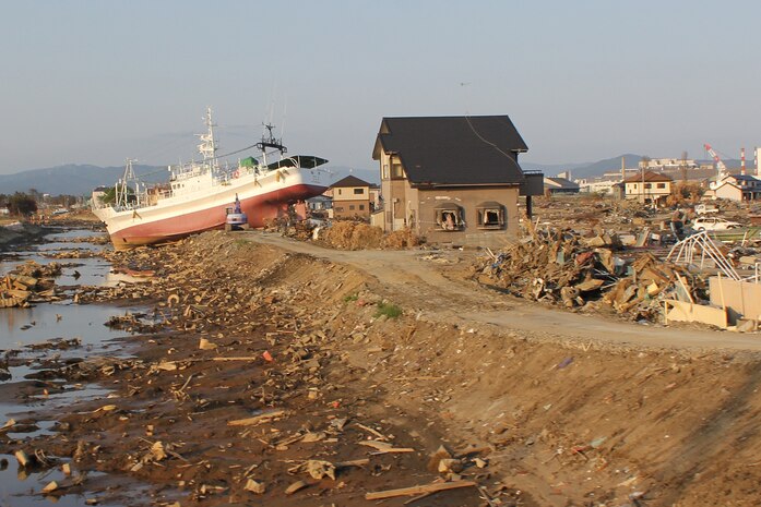 This was the scene awaiting Marine Aviation Logistics Squadron 12 Marines who went to help with relief efforts May 20 - 29 after the devastating tsunami ravaged much of the northeastern coastal region. Several Marines voluntarily used some of their own personal leave to go help with disaster relief. The Marines helped clear away debris and restore residential houses in the area.g