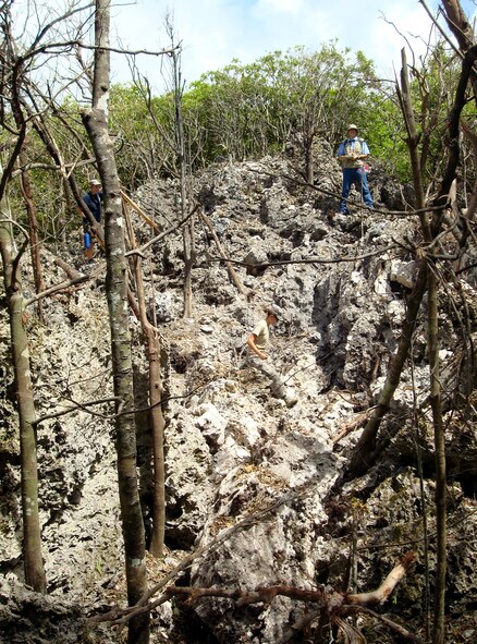 Only a large crater remains after the detonation of a 500-pound unexploded
ordnance at Northwest Field here. The World War II era bomb was discovered
in March during a routine survey of the area. Members of the 36th Wing and
local agencies worked together to ensure the detonation was safe and caused
no damage to nearby wildlife. (U.S. Air Force Courtesy Photo)
