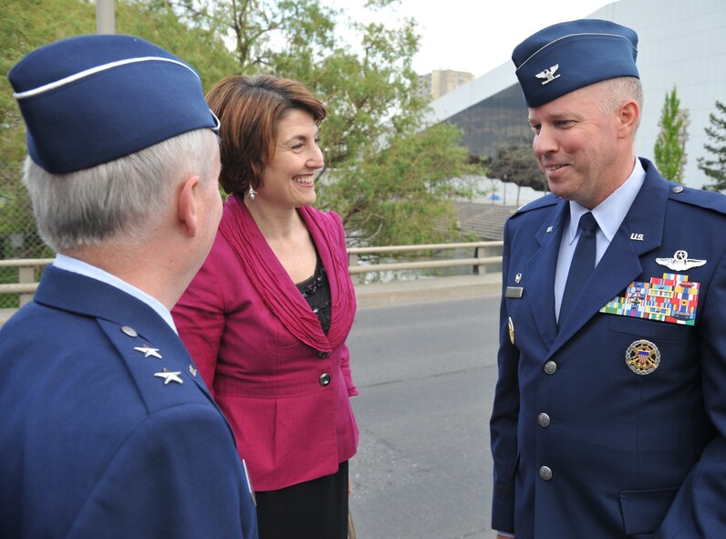 Maj. Gen. Randal D. Fullhart Director, Global Reach Programs, Office of the Assistant Secretary of the Air Force for Acquisition,  and Col. Paul H. Guemmer, 92nd Air Refueling Wing commander, speak with Congresswoman Cathy McMorris Rodgers May 21, 2011 at the Lilac Festival in Spokane, Wash.  Congresswoman McMorris Rodgers is the U.S. Representative for the 5th District of Washington. (U.S. Air Force photo/ Senior Airman Natasha E. Stannard)