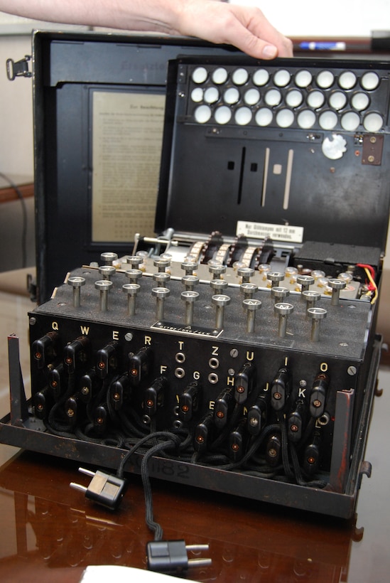 The Enigma machine pictured here is on permanent loan to the Air Force Academy Department of Computer Science from the National Cryptologic Museum at Fort George G. Meade, Md. The Computer Science department staff will use the machine in its Introduction to Computing class and its Cryptology class. This Enigma machine, Serial No. 01182, was used by the German Luftwaffe during World War II. (U.S. Air Force photo/Don Branum)
