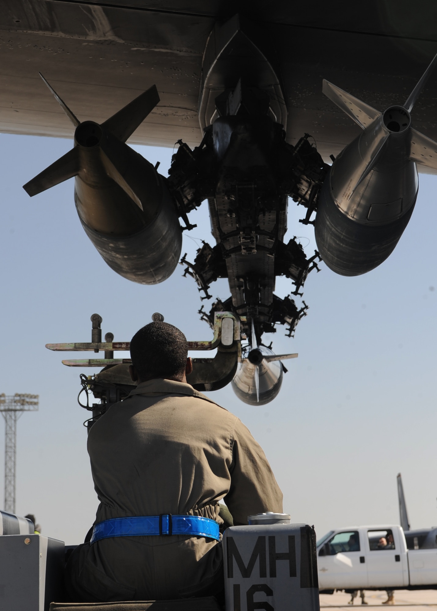 MINOT AIR FORCE BASE, N.D -- Airman 1st Class David Johnson, 5th Aircraft Maintenance Squadron weapons load crew member, operate a weapons loading vehicle during an Operational Readiness Inspection here May 18. The ORI is implemented to make sure that our mission is being accomplished correctly. (U.S. Air Force photo/ Airman 1st Class Aaron-Forrest Wainwright)