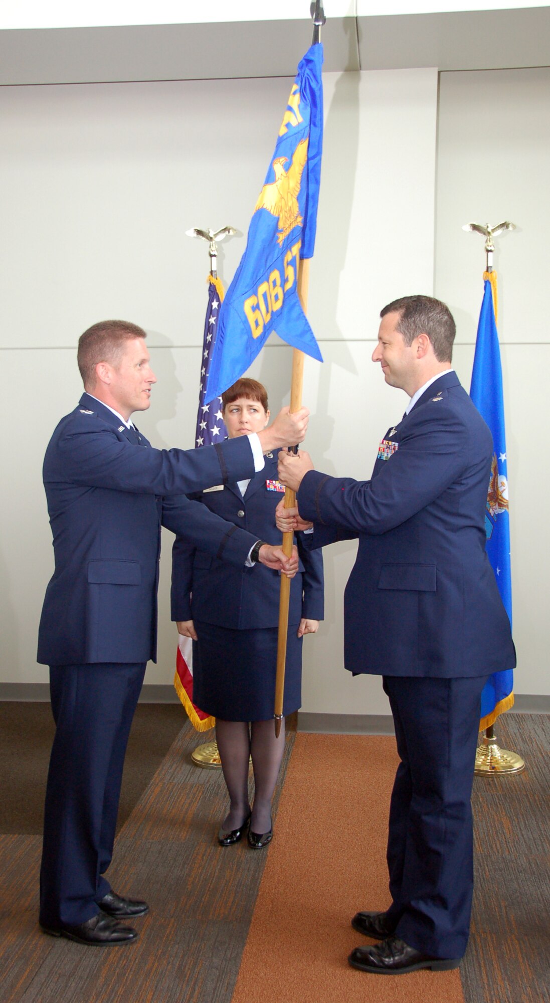 BOSSIER CITY, La. – Lt. Col. Donald Nesbitt assumed command of the 608th Strategic Operations Squadron from Col. Randy Allen, Task force 204 director, during a change-of-command ceremony May 25 at the Cyber Innovation Center, the temporary headquarters to Eighth Air Force. Colonel Nesbitt took command of the 608th STOS from Lt. Col. David Sikora. (U.S. Air Force photo by Staff Sgt. Brian Stives)