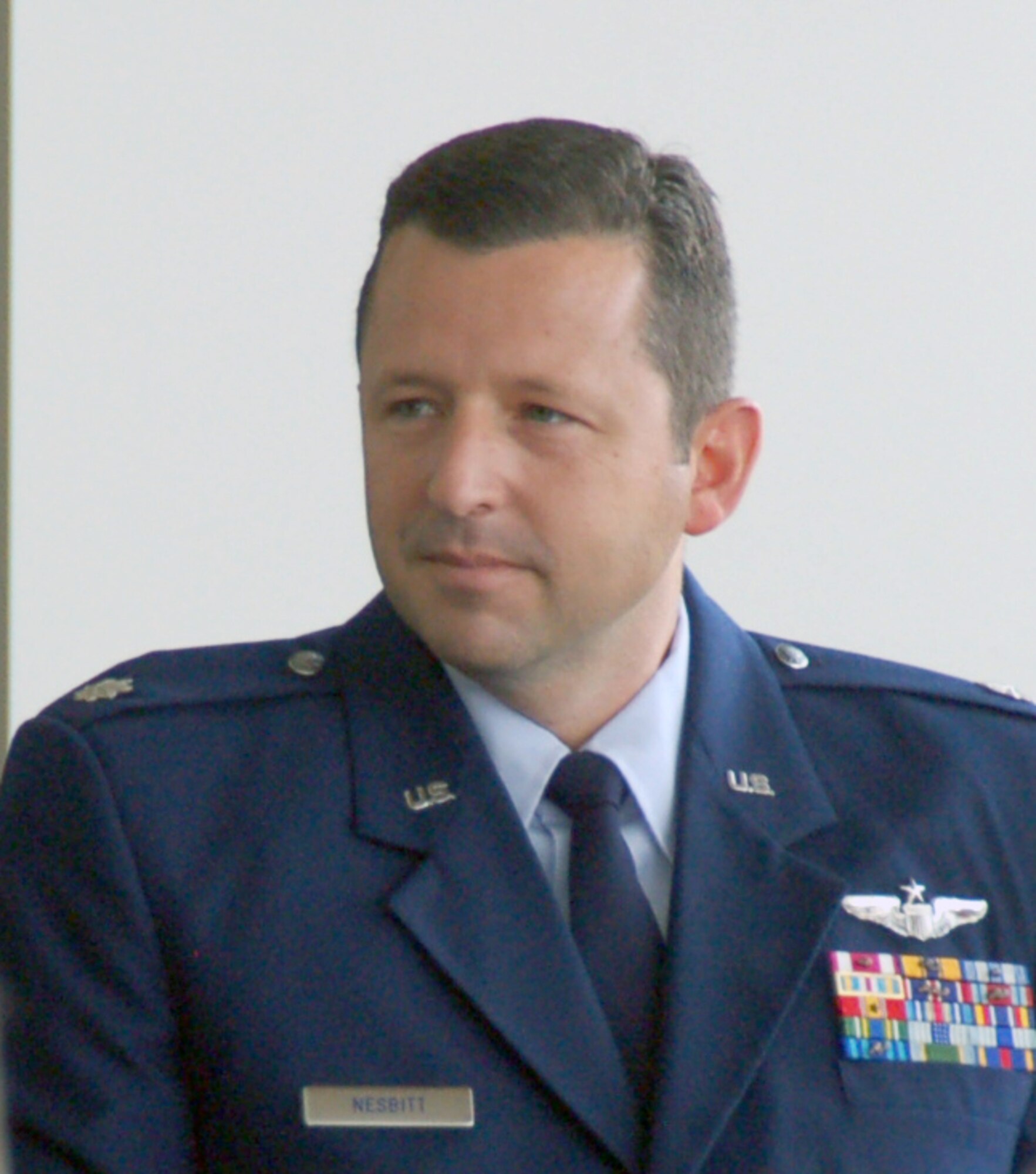 BOSSIER CITY, La. – Lt. Col. Donald Nesbitt talks to the 608th Strategic Operations Squadron after assuming command from Col. Randy Allen, Task force 204 director, during a change-of-command ceremony May 25 at the Cyber Innovation Center, the temporary headquarters to Eighth Air Force. Colonel Nesbitt took command of the 608th STOS from Lt. Col. David Sikora. (U.S. Air Force photo by Staff Sgt. Brian Stives)