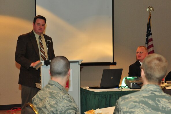 MINOT, N.D. -- Detective Michael T. Berglund, 5th Security Forces Squadron lead detective, received the award for the Optimist Club’s Outstanding Law Officer of the Year here May 18. Mr. Berglund has served the base for more than 25 years now, previously as an active duty Airman, now as a civilian officer. He is currently assigned as the lead detective for the security forces investigation section managing a four-person investigation section, assigning cases and duty schedules, providing commanders with immediate feedback, investigating crimes involving military personnel and collecting and processing evidence. (U.S. Air Force photo/ Senior Airman Jesse Lopez)