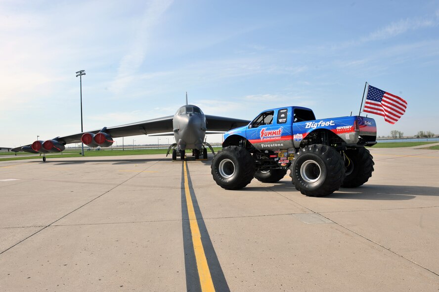 MINOT AIR FORCE BASE, N.D. -- The monster truck known as Bigfoot visited here as part of the grand opening celebration of the new Tires Plus location, May 20. Bigfoot was busy in action crushing cars and giving Team Minot Airmen a morale boost, as well as a rare glimpse into what it takes to operate these trucks. (U.S. Air Force photo/Staff Sgt. Keith Ballard)