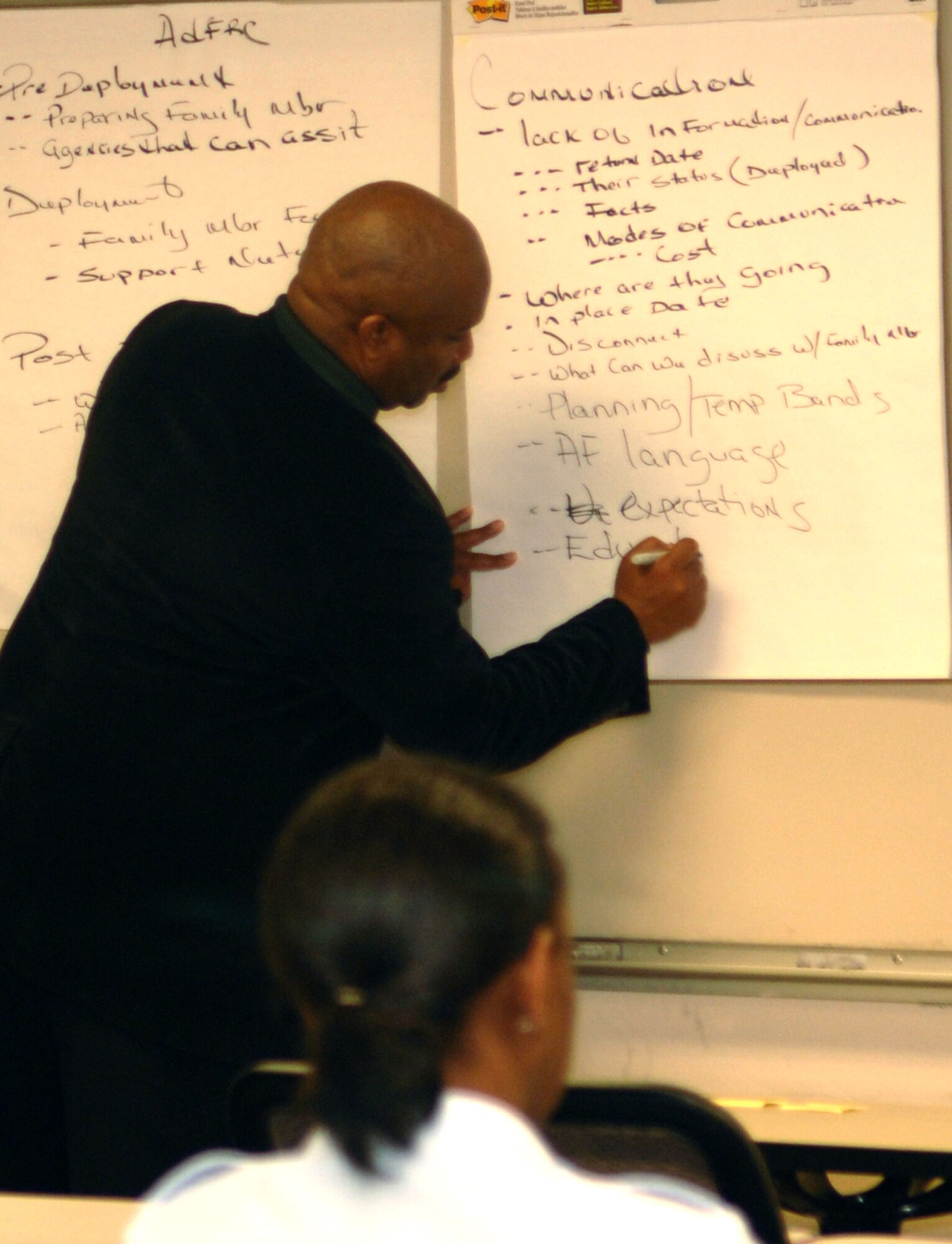 Don Bell, 28th Bomb Wing equal employment opportunity manager, facilitates a group discussion about effective communication during the Caring for People forum at Ellsworth Air Force Base, S.D., May 23, 2011.  Mr. Bell encouraged spouses to ask their Airmen for clarification of military terms, and to inform them of base agencies available to help families adjust to Air Force life, such as the Airman and Family Readiness Center and Equal Opportunity offices.  (U.S. Air Force photo/Airman Alessandra N. Gamboa)