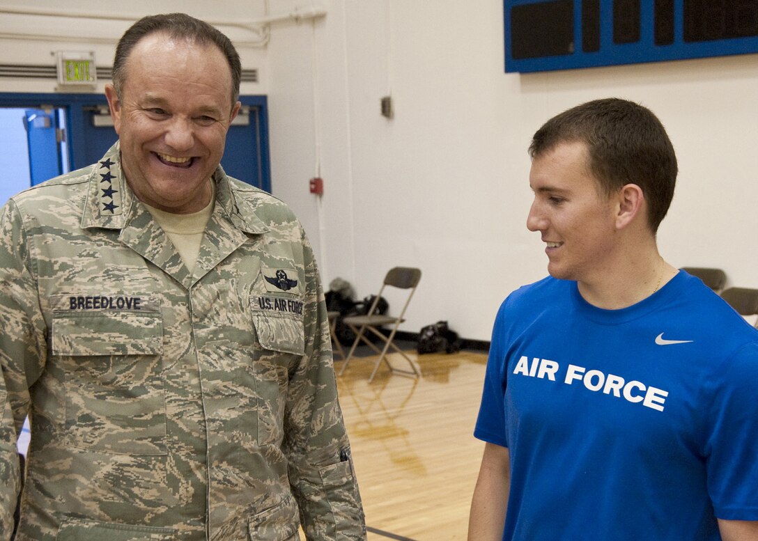 Air Force Vice Chief of Staff Gen. Phil Breedlove chats with Cadet Matthew Pirrello May 21, 2011, after a wheelchair basketball game at the 2011 Warrior Games in Colorado Springs, Colo. (U.S. Air Force photo/Staff Sgt. J. Paul Croxon)