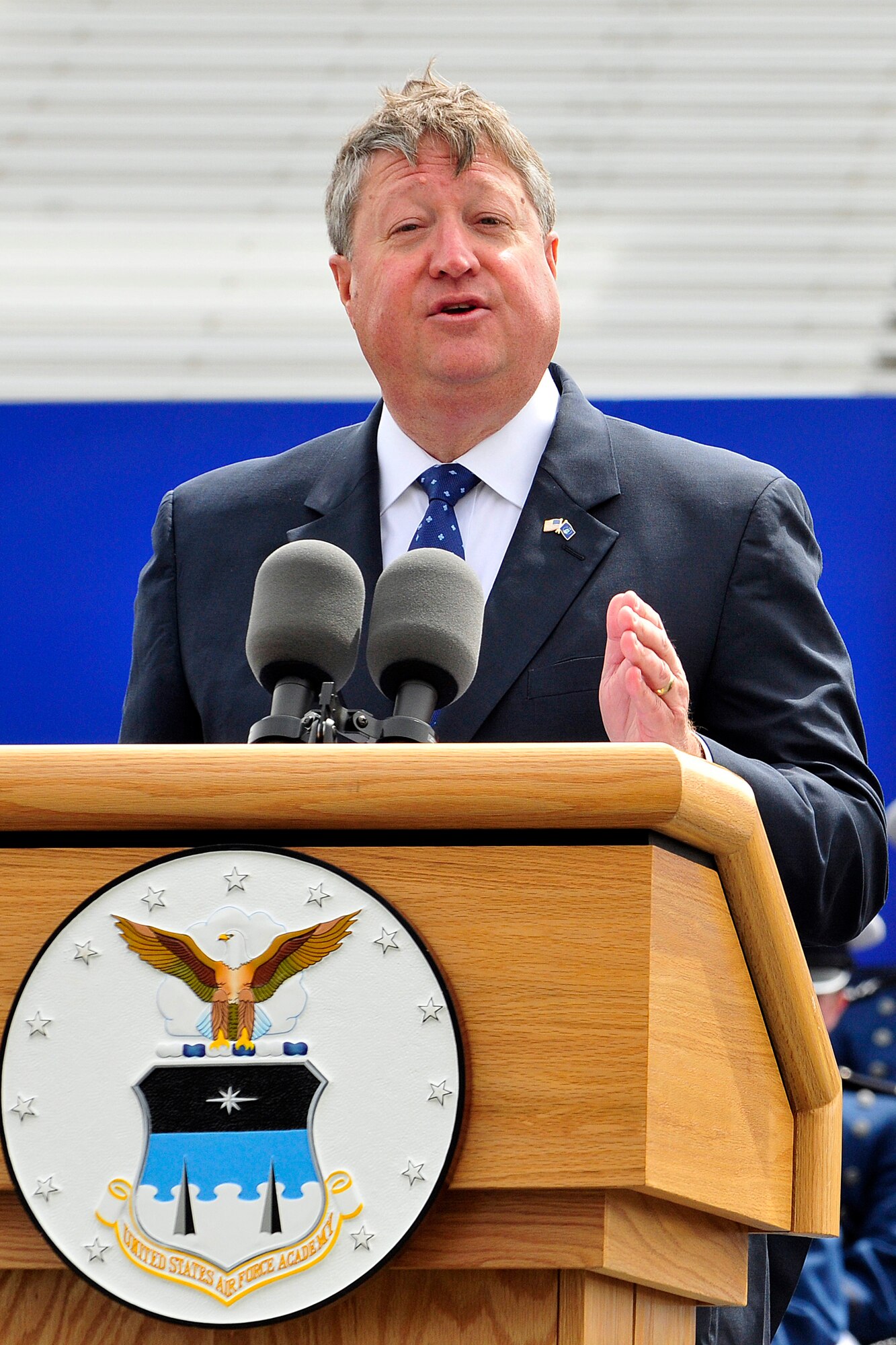 Secretary of the Air Force Michael B. Donley delivers the commencement address to the Air Force Academy's graduating Class of 2011 during commencement ceremonies May 25, 2011, at Falcon Stadium in Colorado Springs, Colo. More than 1,000 cadets received their diplomas and commissions at the ceremony. (U.S. Air Force photo/Bill Evans)