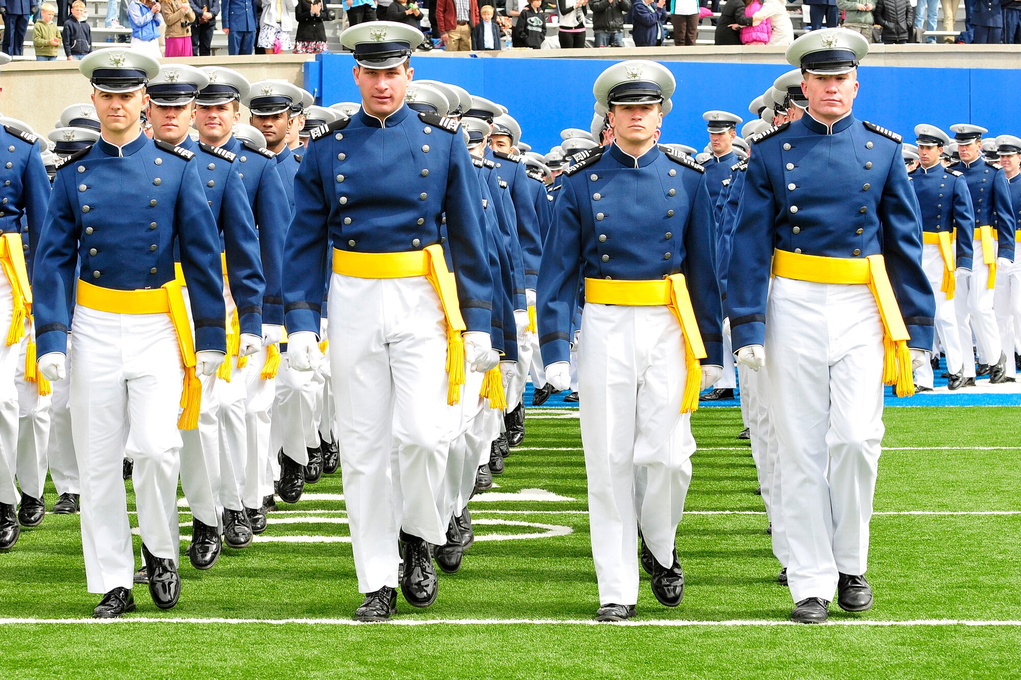 The Air Force Academy Class of 2011 marches into Falcon Stadium during commencement ceremonies May 25, 2011 in Colorado Springs, Colo. Secretary of the Air Force Michael Donley was the guest speaker. (U.S. Air Force photo/Bill Evans)