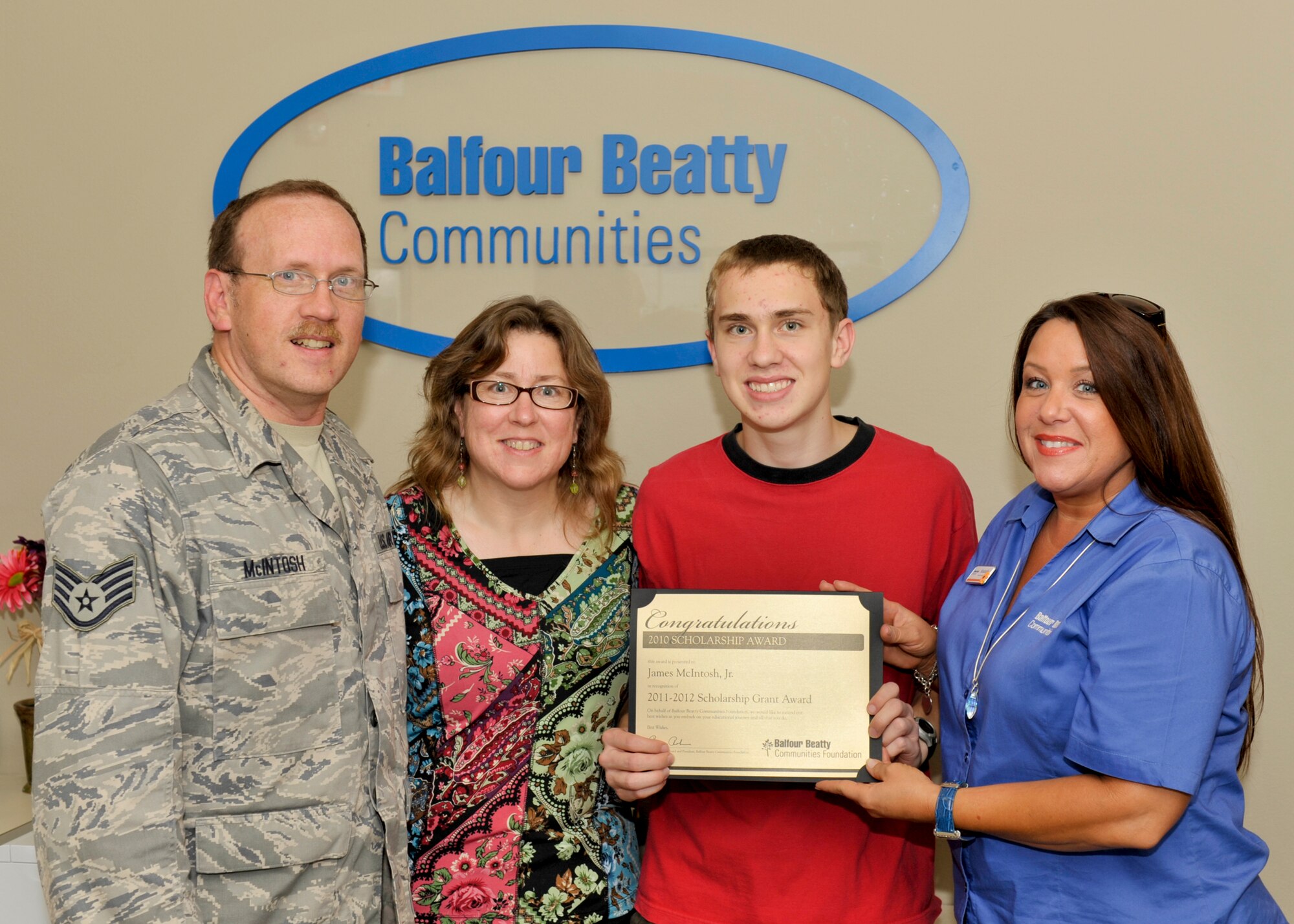 James McIntosh was awarded the Balfour Beatty Communities Foundation academic scholarship for the 2011 to 2012 academic year May 23. 