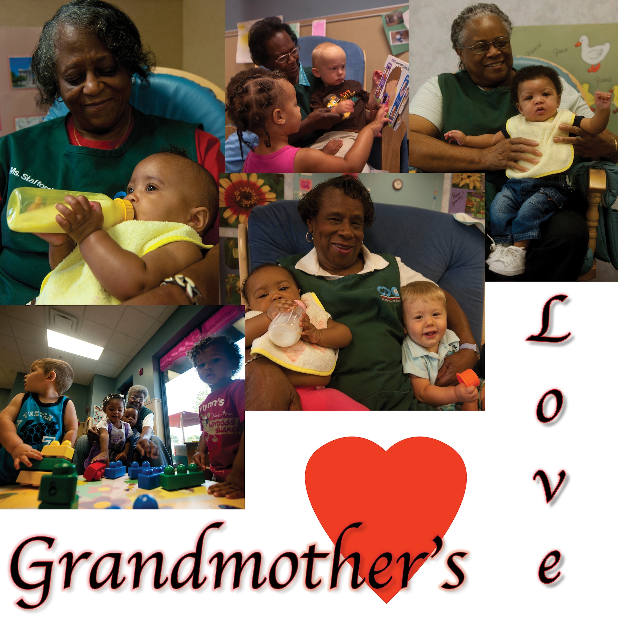 MOODY AIR FORCE BASE, Ga.-- Many military children don't get the opportunity to see their grandparents because they are stationed with their families miles away. The Child Development Center sponsors a Foster Grandparent Program to help with that separation. A group of nine women who call themselves "Grandma" give their time each day as a way to spend time with these children. (U.S. Air Force illustration/Airman 1st Class Joshua Green)(RELEASED)
