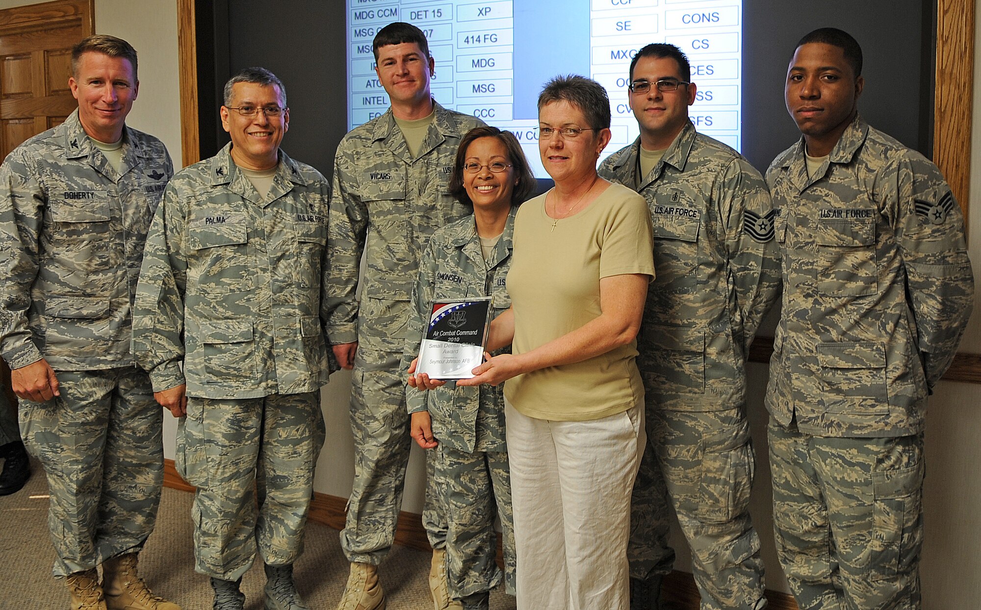 SEYMOUR JOHNSON AIR FORCE BASE, N.C. -- Col. Patrick Doherty, 4th Fighter Wing commander presents an Air Combat Command award to the 4th Aerospace Medicine Squadron dental clinic for Best Small Dental Clinic for 2010, May 24, 2011. (U.S. Air Force photo/Senior Airman Gino Reyes)(Released)