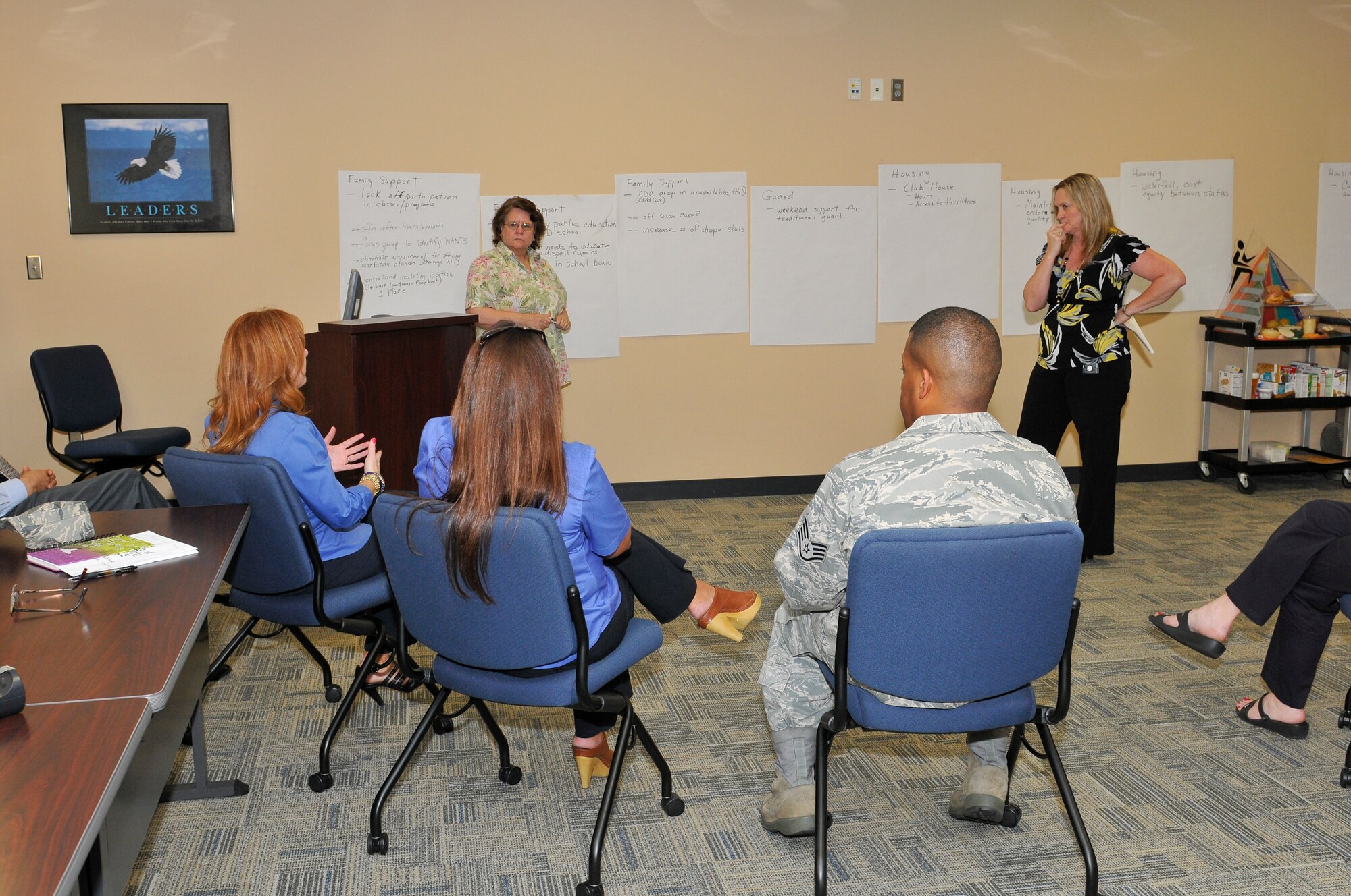 Michelle Lasater (left), 325th Medical Operations Squadron family advocacy program manager, listens as individuals discuss caring for people issues in the 2011 Caring for People Forum May 18 and 20. This is the first Caring for People Forum held at Tyndall. Issues discussed here will be taken to Air Education and Training Command. (U.S. Air Force photo by Lisa Norman)
