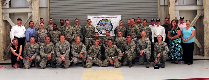 Members of the 437th Airlift Wing 2011 Air Mobility Command Rodeo team, pose
with Joint Base Charleston Honorary Commanders and Advisory Council members
during a team announcement ceremony here, May 24. The Rodeo focuses on
improving the worldwide air mobility forces' professional core abilities by
challenging Airmen on their daily duties, physical capabilities, mental
strength and camaraderie. The civic leaders will attend to provide support
for the team.
