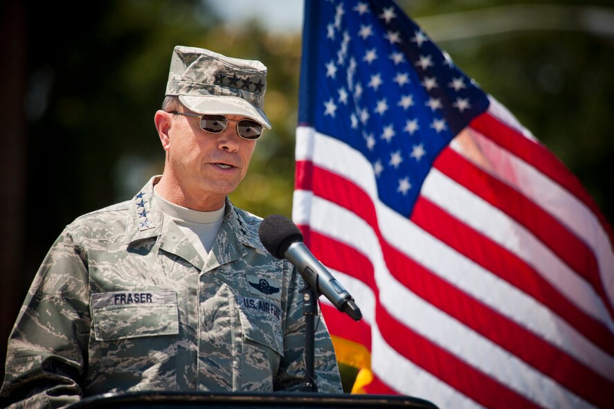 MOODY AIR FORCE BASE, Ga. -- Gen. William M. Fraser III, commander of Air Combat Command, gives remarks during a dedication ceremony for the President George W. Bush Air Park at Moody Field May 20. During his speech, General Fraser spoke about the many contributions Moody Airmen have made to the Air Force and nation through the years. (U.S. Air Force photo/Staff Sgt. Jamal D. Sutter)(RELEASED)