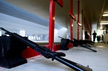 Weapons wait to be fired by qualifying Airmen at the 18th Security Forces Squadron's Combat Arms firing range May 24. The 18th SFS's newly-refurbished firing range is now going full-cycle as about 100 soon-to-deploy Airmen pass through the range each week. (U.S. Air Force photo/ Airman 1st Class Maeson L. Elleman)