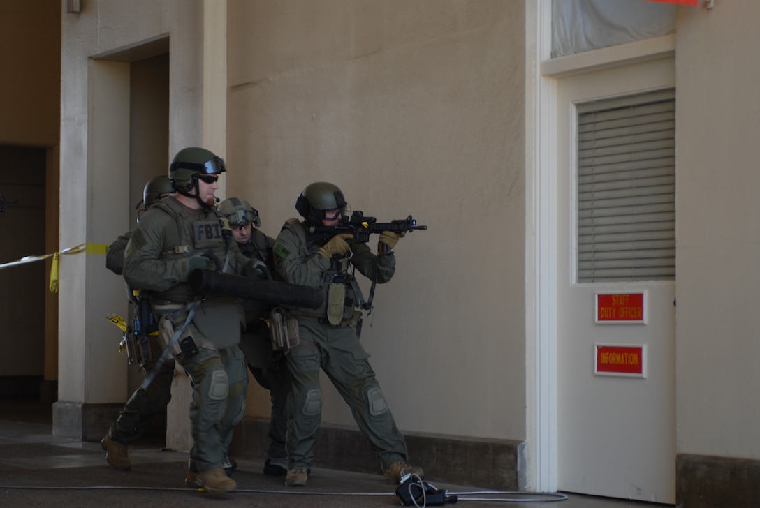 The Federal Bureau of Investigation went in to rescue the hostage. The FBI played a major role in the Aztec Fury exercise helping secure the perimeter and retrieving the hostage.