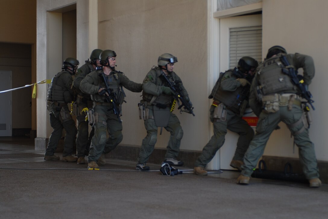 The Federal Bureau of Investigation went in to rescue the hostage. The FBI played a major role in the Aztec Fury exercise helping secure the perimeter and retrieving the hostage.