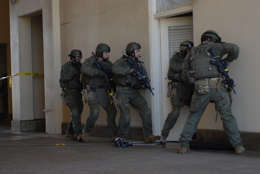The Federal Bureau of Investigation went in to rescue the hostage. The FBI played a major role in the Aztec Fury exercise helping secure the perimeter and retrieving the hostage.