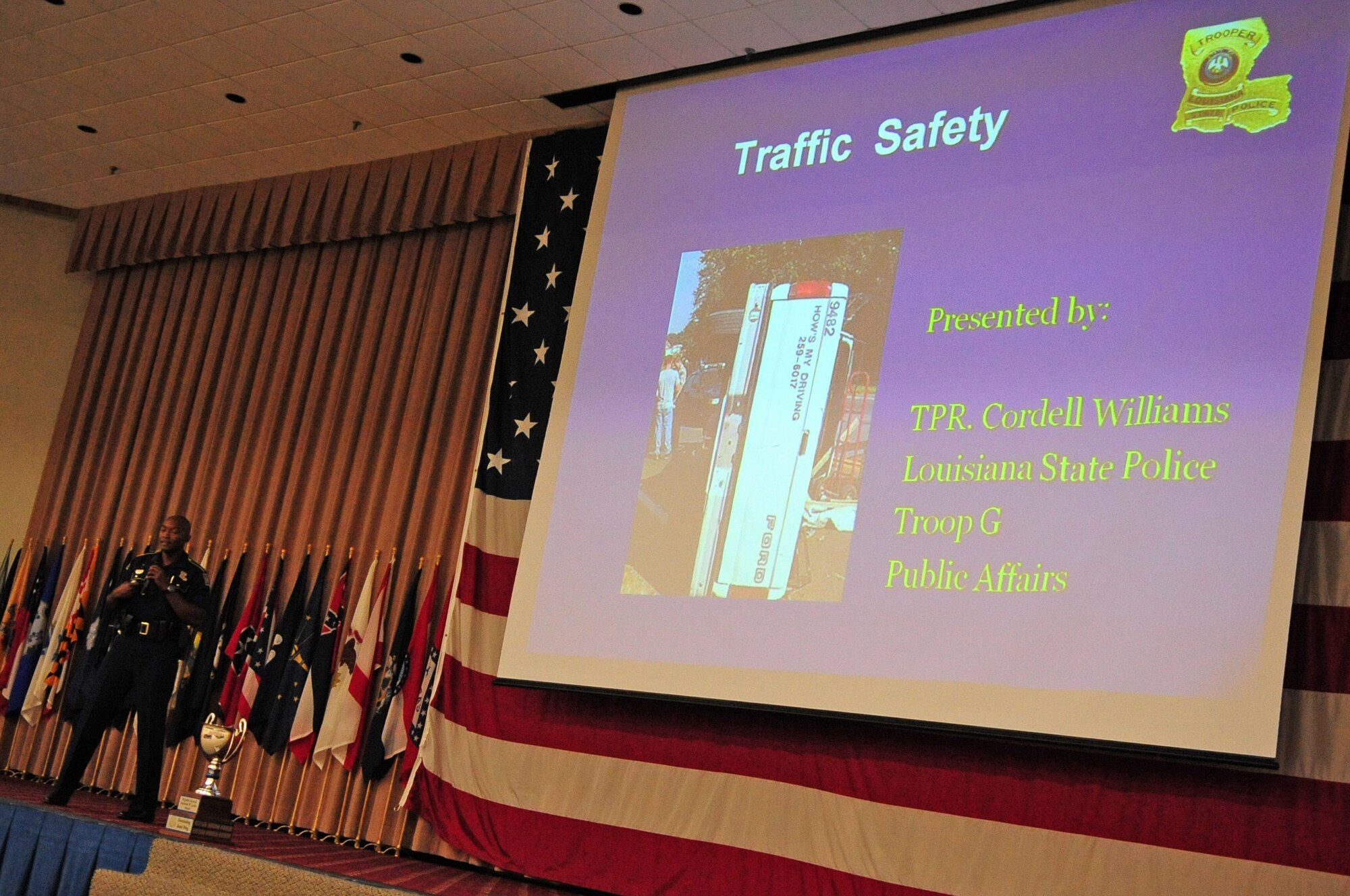 Louisiana State Trooper Cordell Williams, Troop G, speaks to Airmen of the 2nd Bomb Wing during a safety day brief at Hoban Hall, May 26. Trooper Williams commented on issues concerning vehiclular fatalities, crashes, driving while under the influence and sobriety check points prior to the start of the Memorial Day weekend and the 101 Critical Days of Summer. (U.S. Air Force photo/Senior Airman Joanna M. Kresge)(RELEASED)