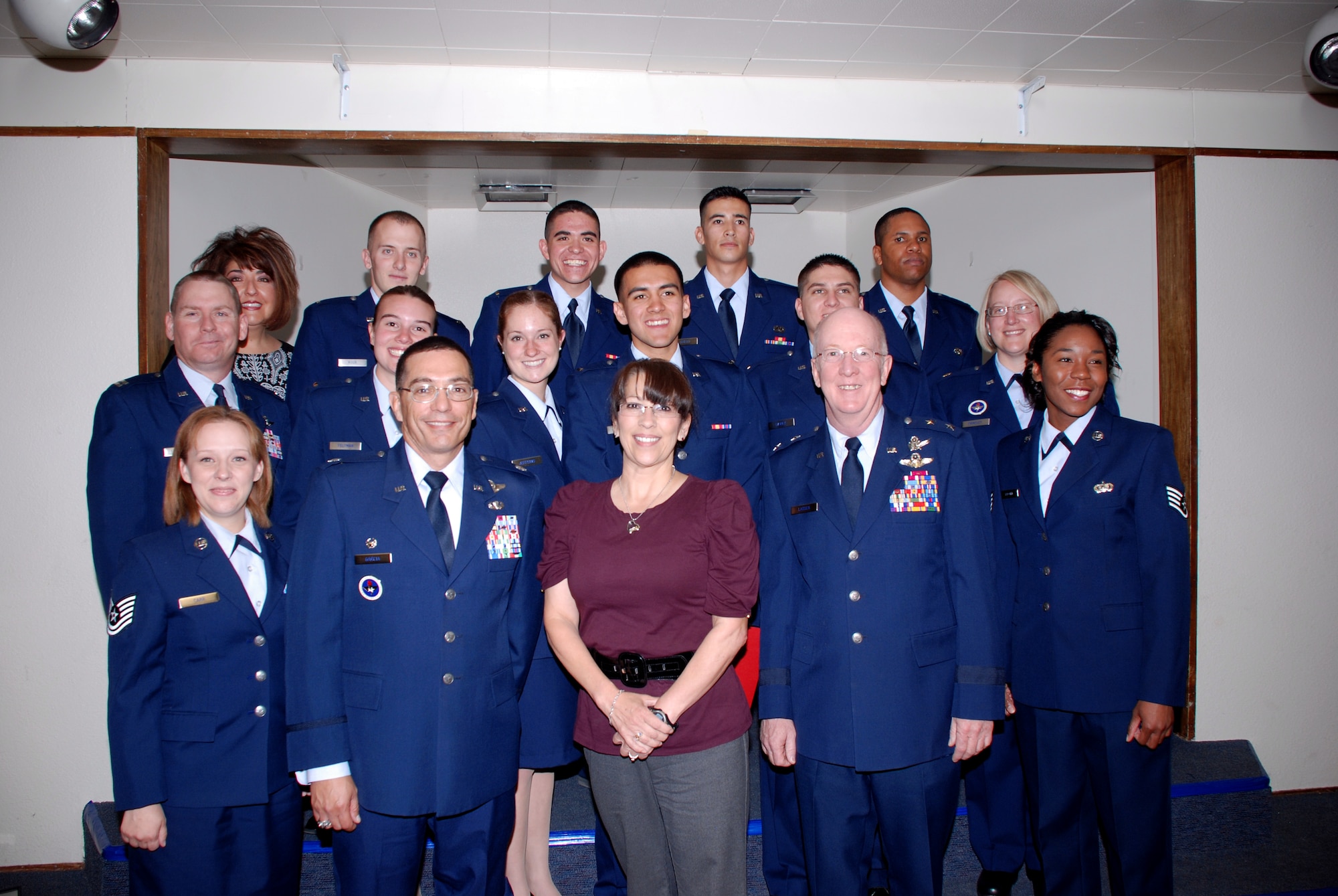 Maj. Gen. Emil Lassen, class of 1978, was the guest speaker at University of New Mexico Spring Joint Commissioning ceremony May 13. Attendees were, top row, left to right, Ms. Judy Ortiz-Aragon, 2nd Lt. Chris Roux, 2nd Lt. Matt Spinks, 2nd Lt. Jake Griego, 2nd Lt. Harrison Payne; middle row, Capt. Chris Fitzgerald, 2nd Lt. Karissa Feltman, 2nd Lt. Emily Jefferis, 2nd Lt. Alex Navarro, 2nd Lt. Ethan Fairey, Maj. Jennifer Bradley; front row, Tech. Sgt. Julie Carr, Lt. Col. Raul Garcia, Ms. Theresa Carabajal, Maj. Gen. Emil Lassen, Staff Sgt. Tiffany Keown.

