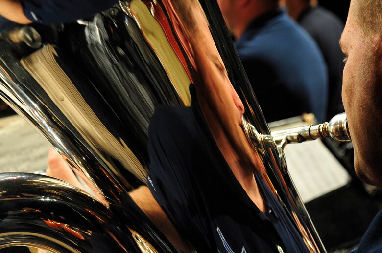Tech. Sgt. David Hartung plays during sound checks in preparation for a performance of the United States Air Forces in Europe Band May 4, 2011, in Bratislava, Slovakia. The USAFE concert band is on tour through three countries, performing at seven locations as part of a building partnerships capacity and community outreach initiative. Sergeant Hartung is tuba player and the training manager for the USAFE Band. (U.S. Air Force photo/Tech. Sgt. Jocelyn L. Rich)
