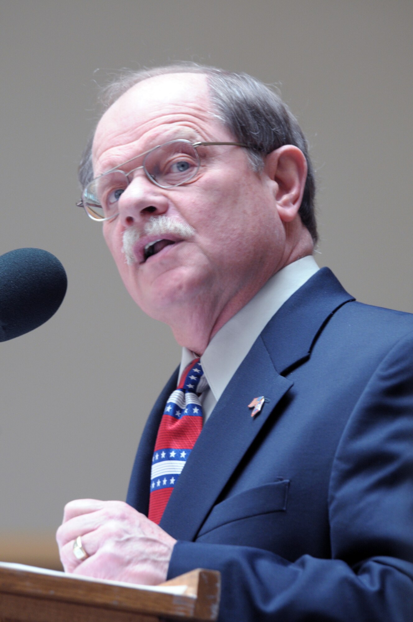 Cheyenne's mayor, Rick Kaysen, addresses the crowd in the Frontier Mall during Cheyenne's Armed Forces Day ceremony Saturday. (U.S. Air Force photo by Blaze Lipowski)
