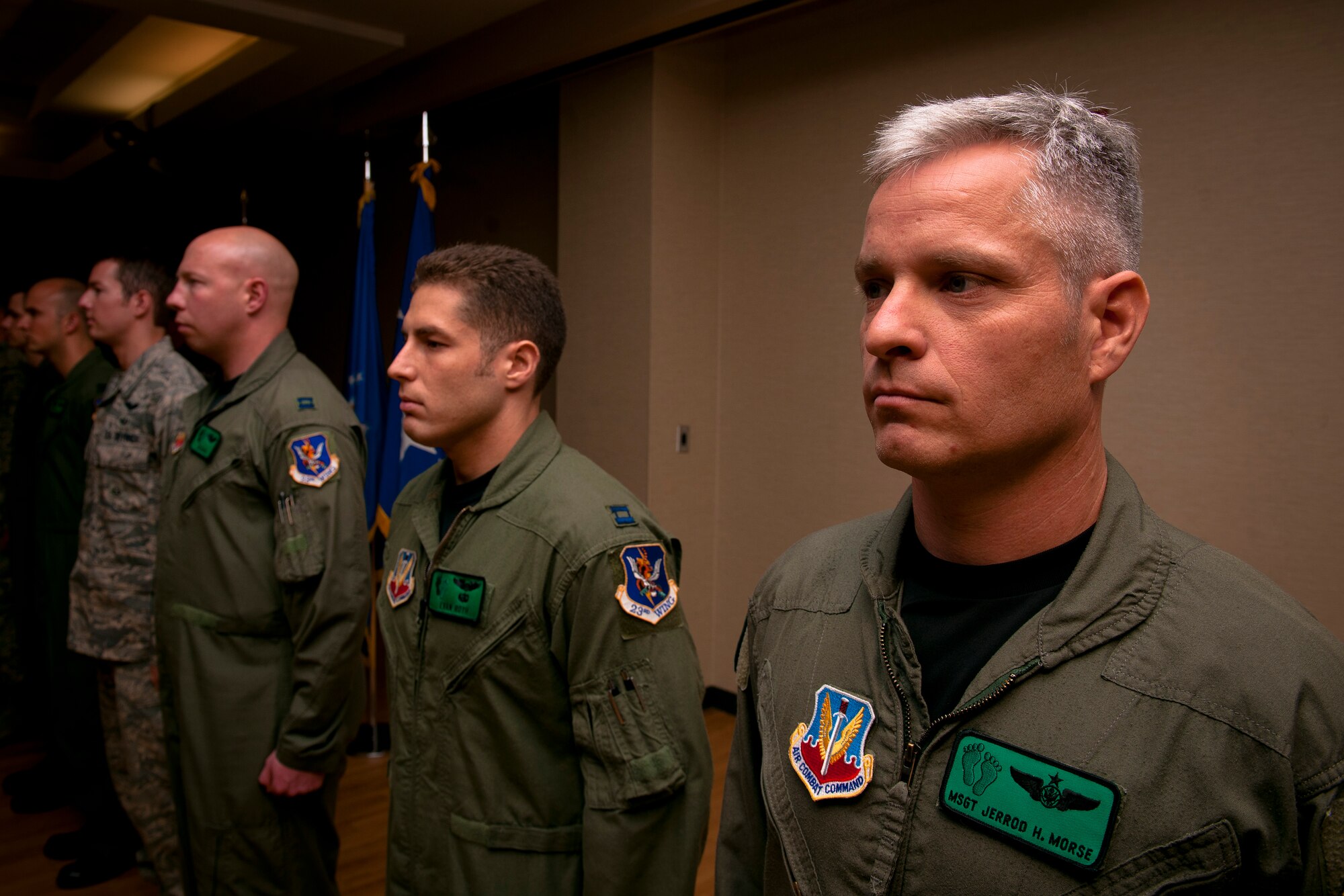 MOODY AIR FORCE BASE, Ga.-- Master Sgt. Jerrod Morse, 23rd Force Support Squadron first sergeant, stands at attention during the reading of his fellow members’ citation during an award ceremony May 20. During a rescue mission Sergeant Morse directed pilots through numerous countermeasure procedures and helped avoid all incoming fire from opposing forces before he became the 23rd FSS first sergeant. (U.S. Air Force photo/Airman 1st Class Joshua Green)(RELEASED)
