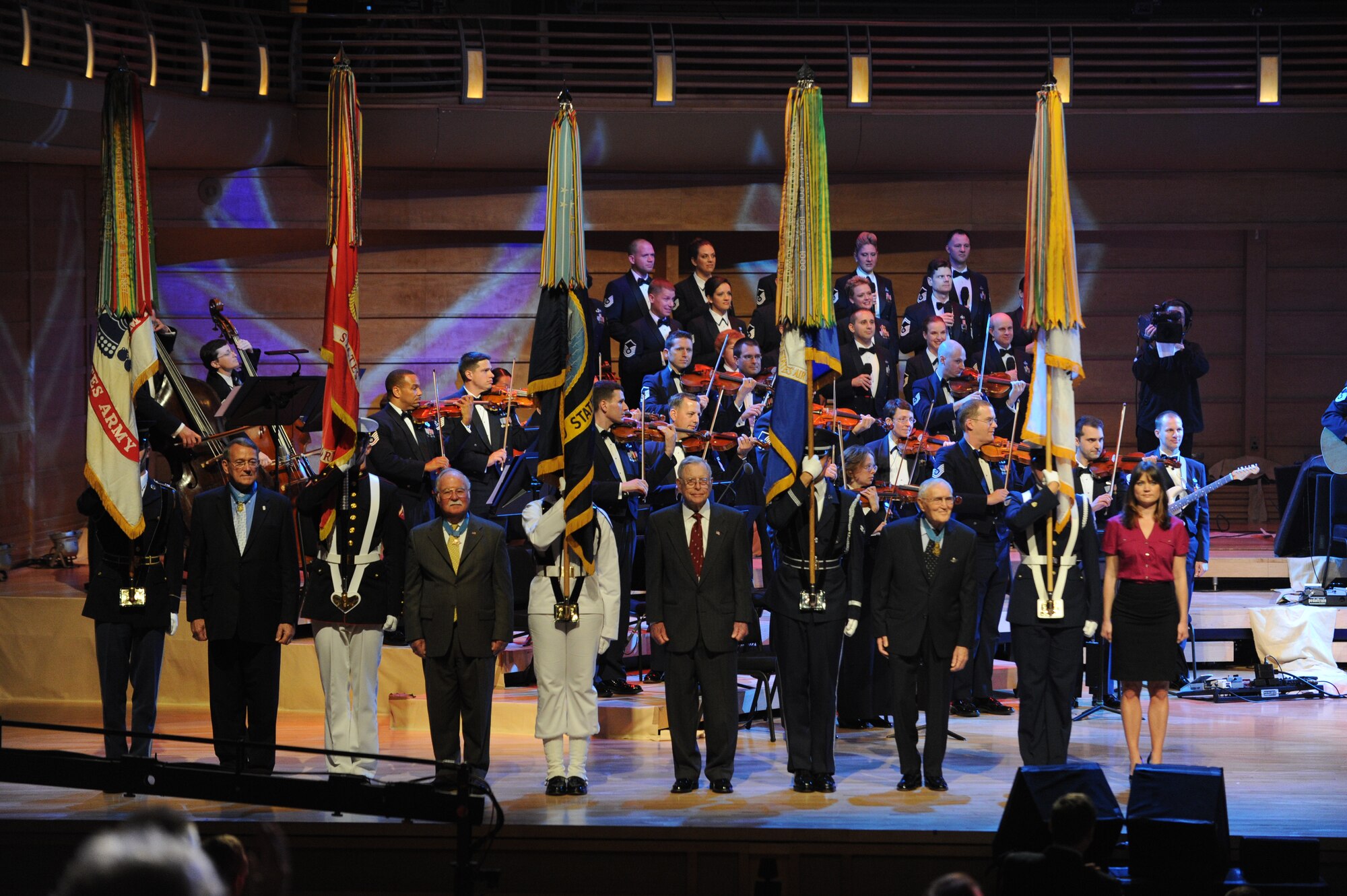 The evening profiled the lives of notable veterans from each service which included Medal of Honor recipient, Col. Roger C. Donlon (Army), Navy Cross recipient, Rear Adm. Jeremiah Denton (Navy), Medal of Honor recipient, Col. Harvey C. Barnum (Marine Corps), Coast Guard Medal for Heroism recipient, Petty Officer Kristen Lunkley (Coast Guard) and Medal of Honor recipient, Col. George Everette "Bud" Day (Air Force).  (AF Photo by SrA Christopher Ruano)