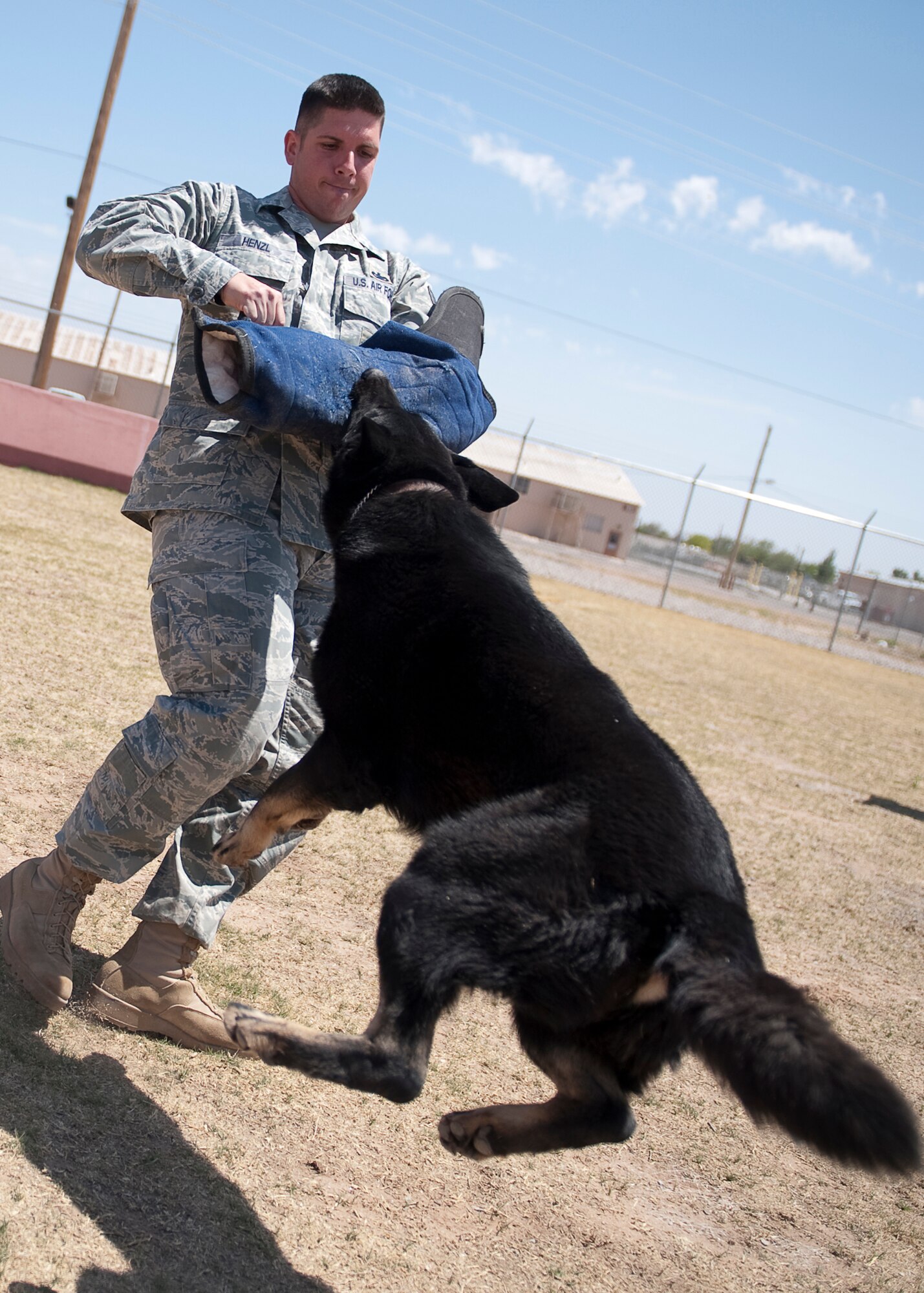 HOLLOMAN AIR FORCE BASE, N.M. -- Tech. Sgt. Thomas Henzl, 49th Security Forces Squadron kennel master, performs an attack scenario with military working dog Roki M628, May 5, 2011, at the obstacle course. Airmen from the MWD section train with each dog daily to ensure they are prepared for incidents where they might encounter gunfire, downed handler, helicopter flights and day-to-day inspections around populated areas. (U.S. Air Force by Senior Airman Veronica Stamps/Released)