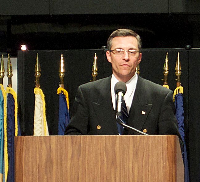 Dr. Mark Maybury addresses the audience at the International Symposium on Aviation Psychology Banquet at the National Museum of the United States Air Force. The symposium, held May 2 - 5, 2011, brought together scientists, research sponsors and aviation operators from 20 countries to discuss ways to make flying safer and more efficient.  Dr. Maybury is Chief Scientist of the Air Force. (U.S. Air Force photo) 
