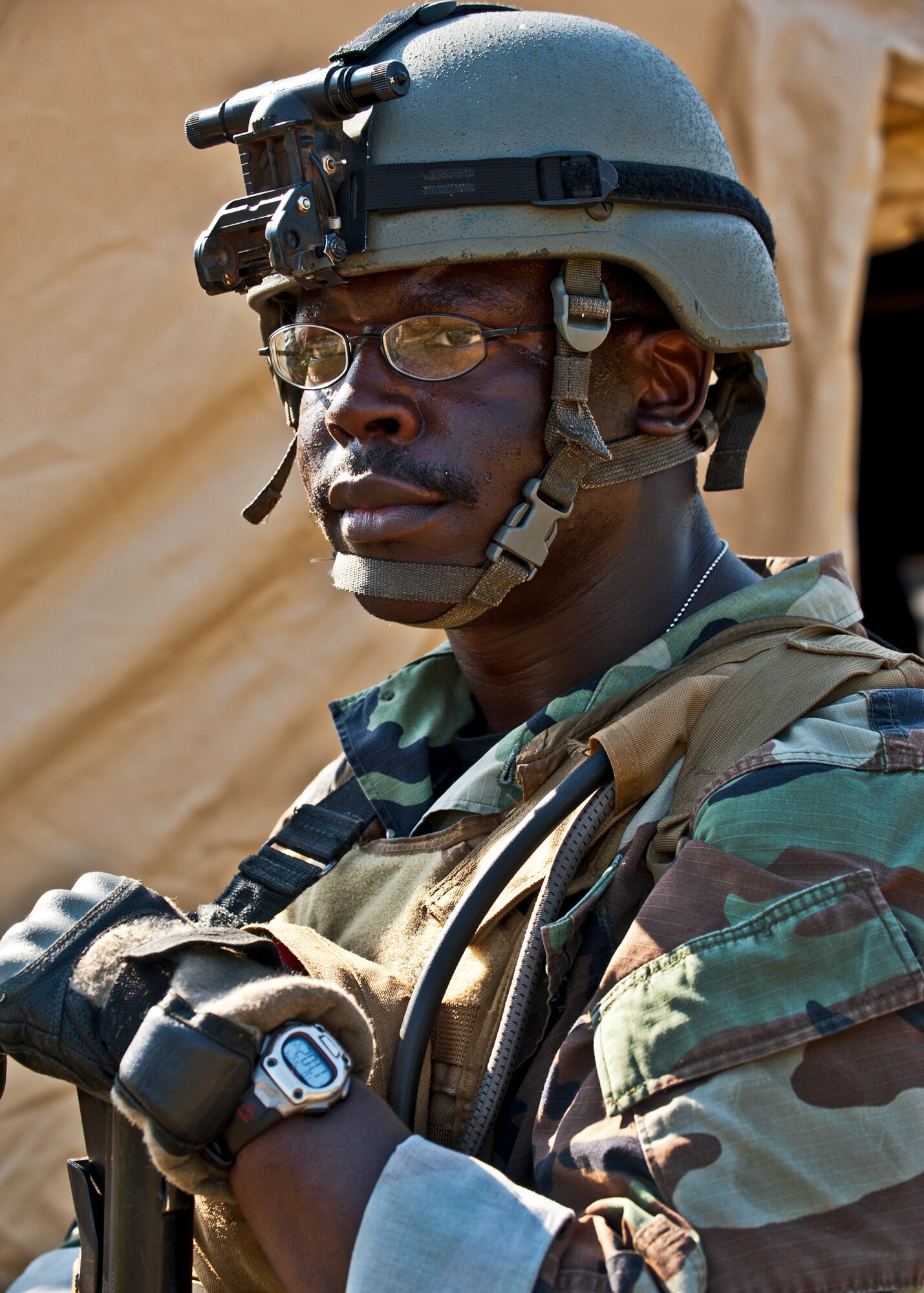 Tech. Sgt. Raymond Sallard, guards his post during the Combat Aviation Advisor course’s Raven Claw exercise May 24 at Duke Field, Fla.  As part of the exercise, 19 CAA students deployed to a foreign nation to advise and train their air forces in fixed wing and rotary aircraft operations.  The four-day exercise is the capstone of 12 weeks of baseline certification training for CAA.  The year-long process to become a CAA also includes months of language and flight training.  (U.S. Air Force photo/Tech. Sgt. Samuel King Jr.)