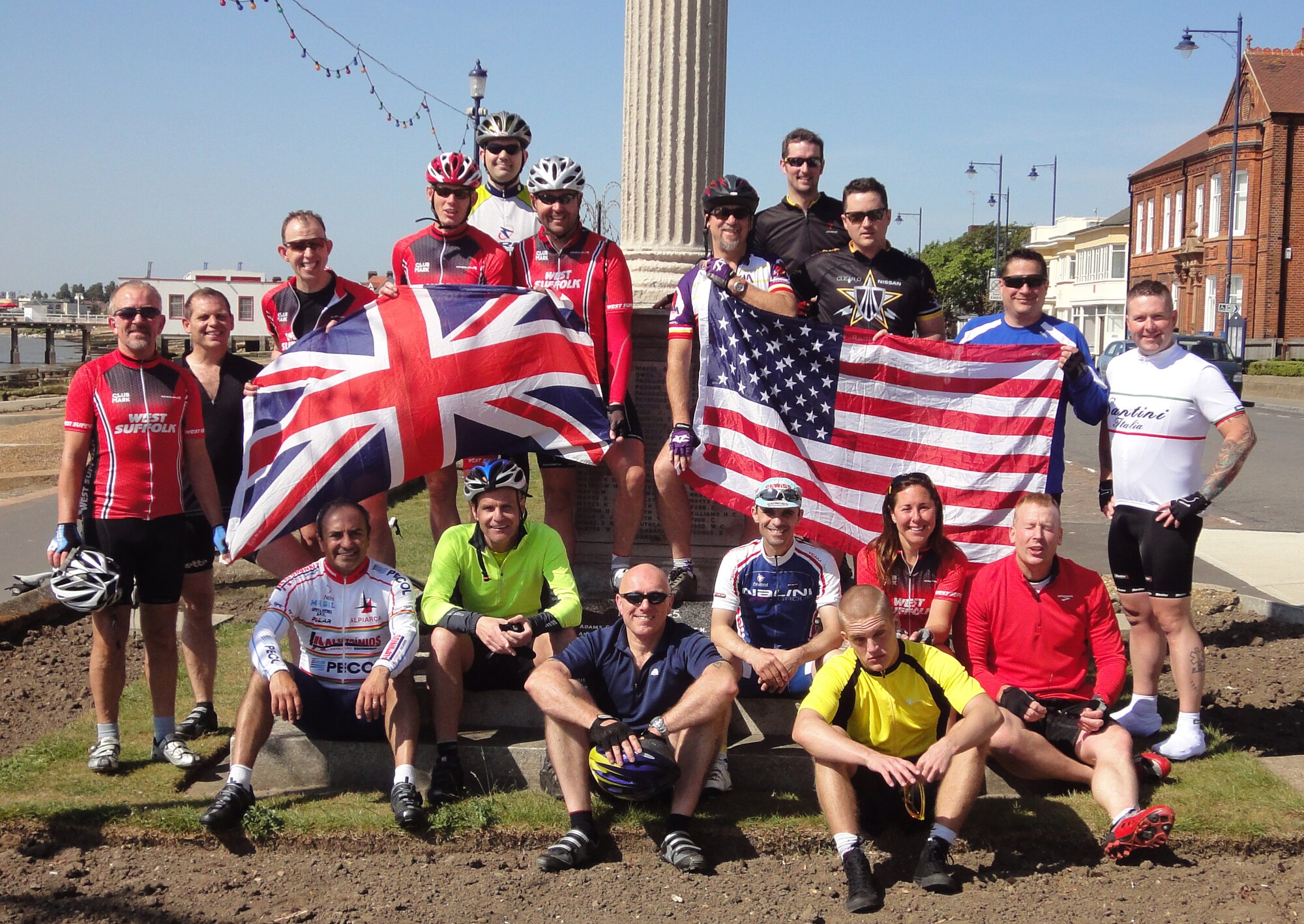 FELIXSTOWE, England - Members of the West Suffolk Wheelers and Triathlon Club pose at the War Memorial in Felixstowe after finishing a charity ride to raise funds for the Nicholas J. Alden Fund, May 21, 2011. During the "Tour of Suffolk" U.S. and U.K. amateur cyclists traveled more than 100 miles to the sea side town of Felixstowe and back and the clubs raised $300 for the fund. (Courtesy Photo)