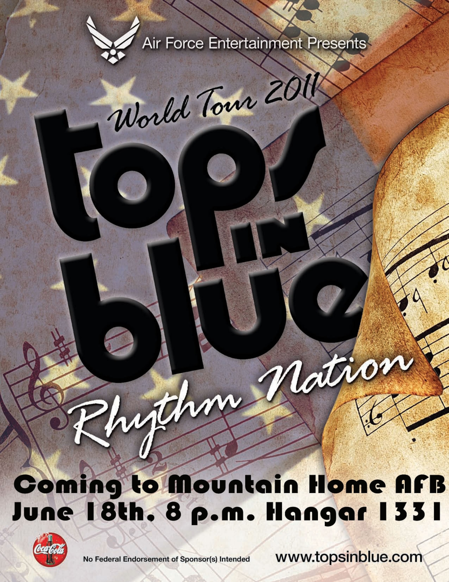 MOUNTAIN HOME AIR FORCE BASE, Idaho -- Tops in Blue is scheduled to perform at 8 p.m. June 18 at Hangar 1331. This year’s show, entitled “Rhythm Nation,” will showcase music from the 1900s through today, featuring songs by Nat King Cole, Billie Holiday, Little Richard, Marvin Gaye, Jennifer Lopez and more. (Courtesy photo)