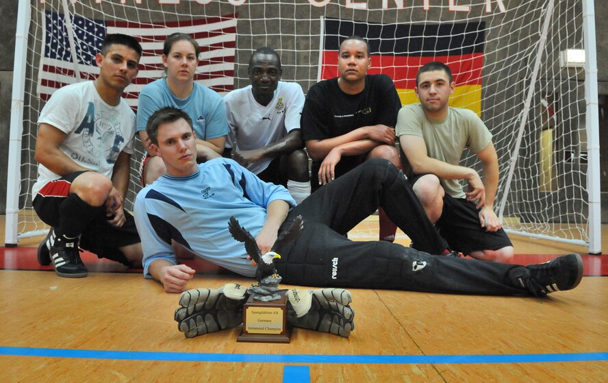 SPANGDAHLEM AIR BASE, Germany – The 52nd Civil Engineer Squadron Force defeated the 52nd Force Support Squadron Sabers 9-3 to win the 52nd Fighter Wing’s intramural indoor soccer championship game at the Skelton Memorial Fitness Center May 20. (U.S. Air Force photo/Senior Airman Nick Wilson)