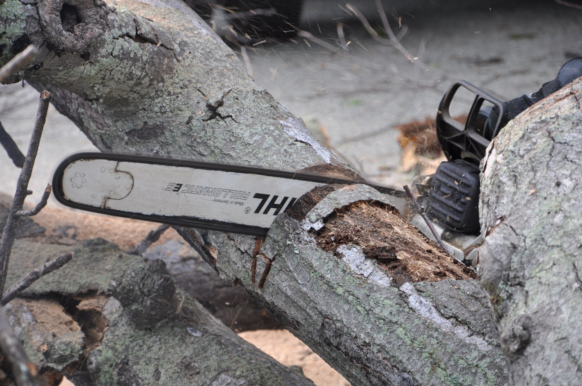 The 633d Civil Engineer Squadron uses chain saws to cut through trees knocked over after a storm at Langley Air Force Base, Va., May 24, 2011. Airmen worked quickly to clear trees and other debris after a storm that produced heavy rains and wind gusts in excess of 50 knots.(U.S. Air Force photo by Tech. Sgt. April Wickes)(RELEASED)