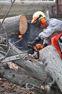 Staff Sgt. Corey Winchester, 633d Civil Engineer Squadron pavements and equipment craftsman, works to clear a fallen tree after a storm at Langley Air Force Base, Va., May 24, 2011. Civil engineers worked quickly to clear trees and other debris after a storm that produced heavy rains and wind gusts in excess of 50 knots. (U.S. Air Force photo by Tech. Sgt. April Wickes)(RELEASED)