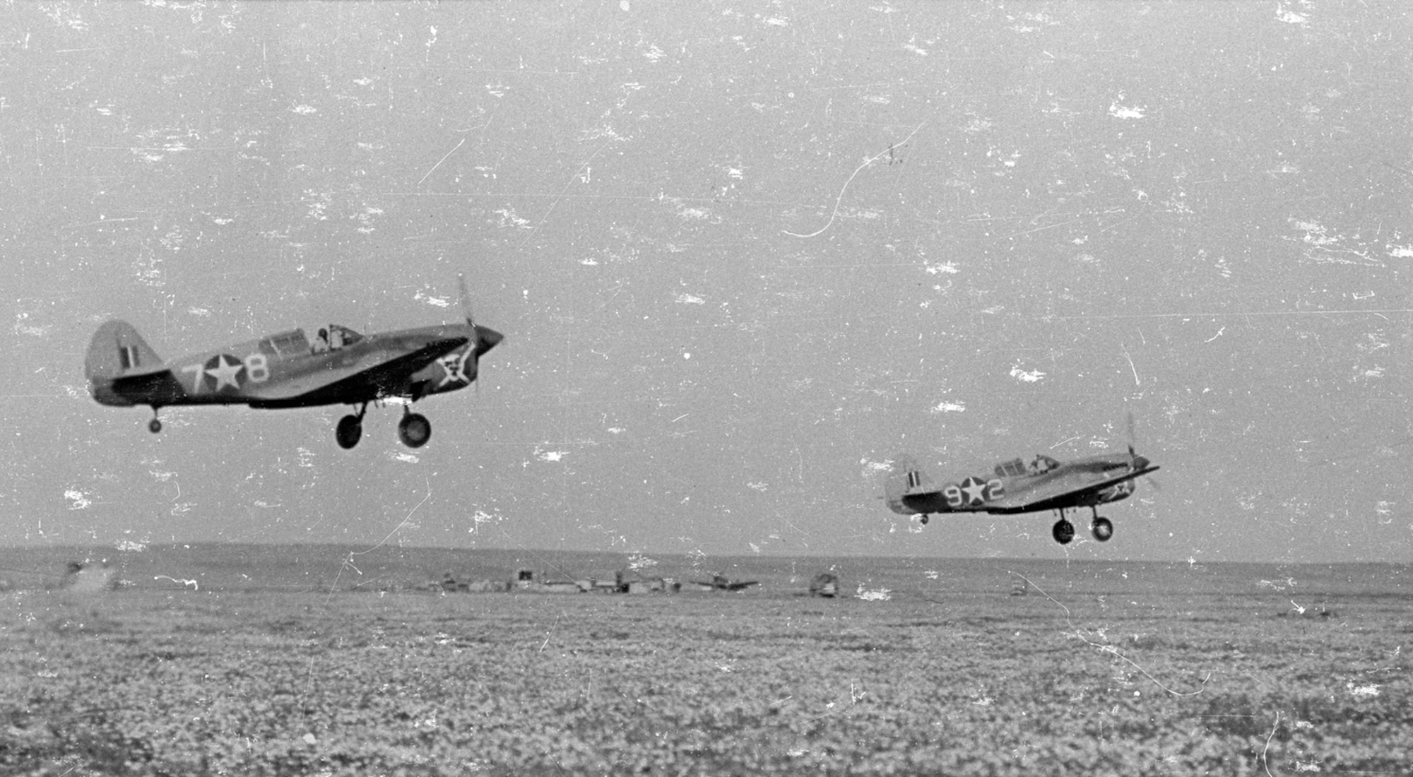 P-40s of the 66th Fighter Squadron take off on a mission over North Africa. (U.S. Air Force photo)